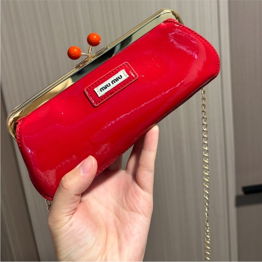 Miu Miu Red Patent Leather Kiss-Lock Chain Clutch